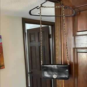 Tory Burch Black Leather Crossbody Bag with Gold Chain